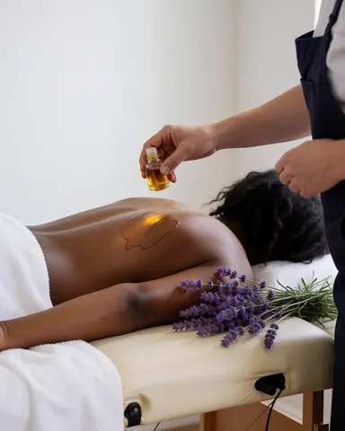Massage therapist applying lavender oil to a client's back on a massage table with fresh lavender nearby