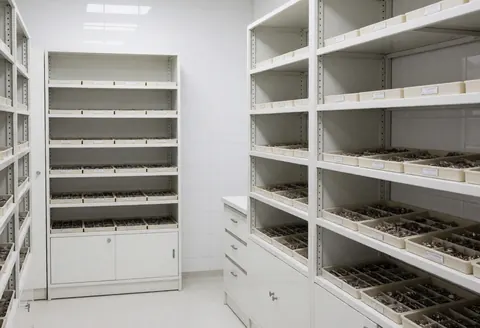 Clean watch repair shop storage area with white shelves, metal parts boxes, tiled walls, and tidy floor for business use
