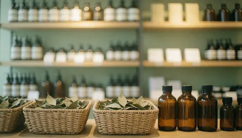 Amber glass bottles and wicker baskets with dried leaves in a traditional medicine shop with warm lighting and green and brown colors