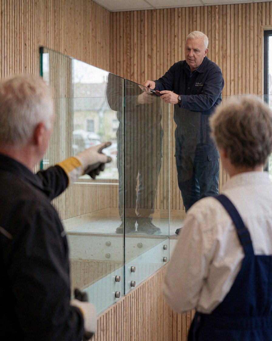 Technician installing tempered glass railing in a room with wooden walls, capturing a professional service in action.