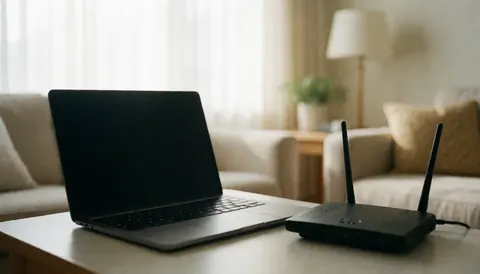Laptop and wireless router placed on a table in a living room with a sofa, natural light, and a calm atmosphere suitable for text backgrounds.