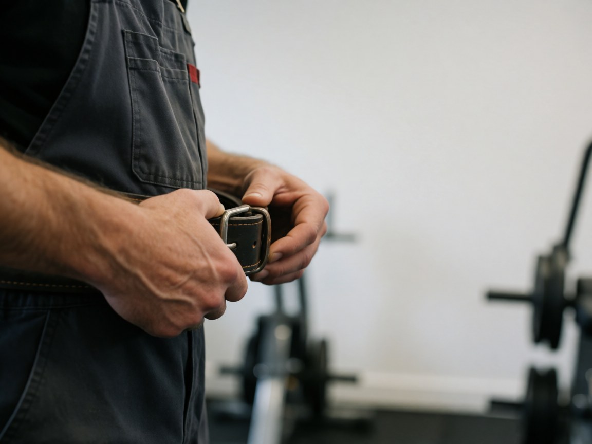 Close-up of a hand tightening a thick leather weightlifting belt in a gym with blurred equipment and white wall background