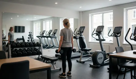 Woman holding dumbbells in a bright modern gym with mirrors, cardio machines, and large windows.