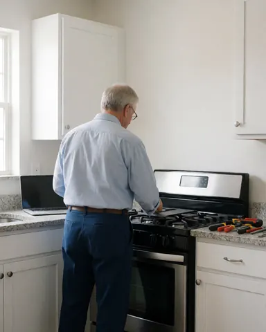 A technician inspects a gas stove in a modern kitchen with granite countertops and tools on the table.