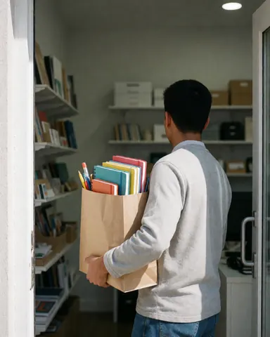 A customer exits a stationery shop carrying a paper bag filled with colorful notebooks and pencils, illuminated by natural light from the entrance.