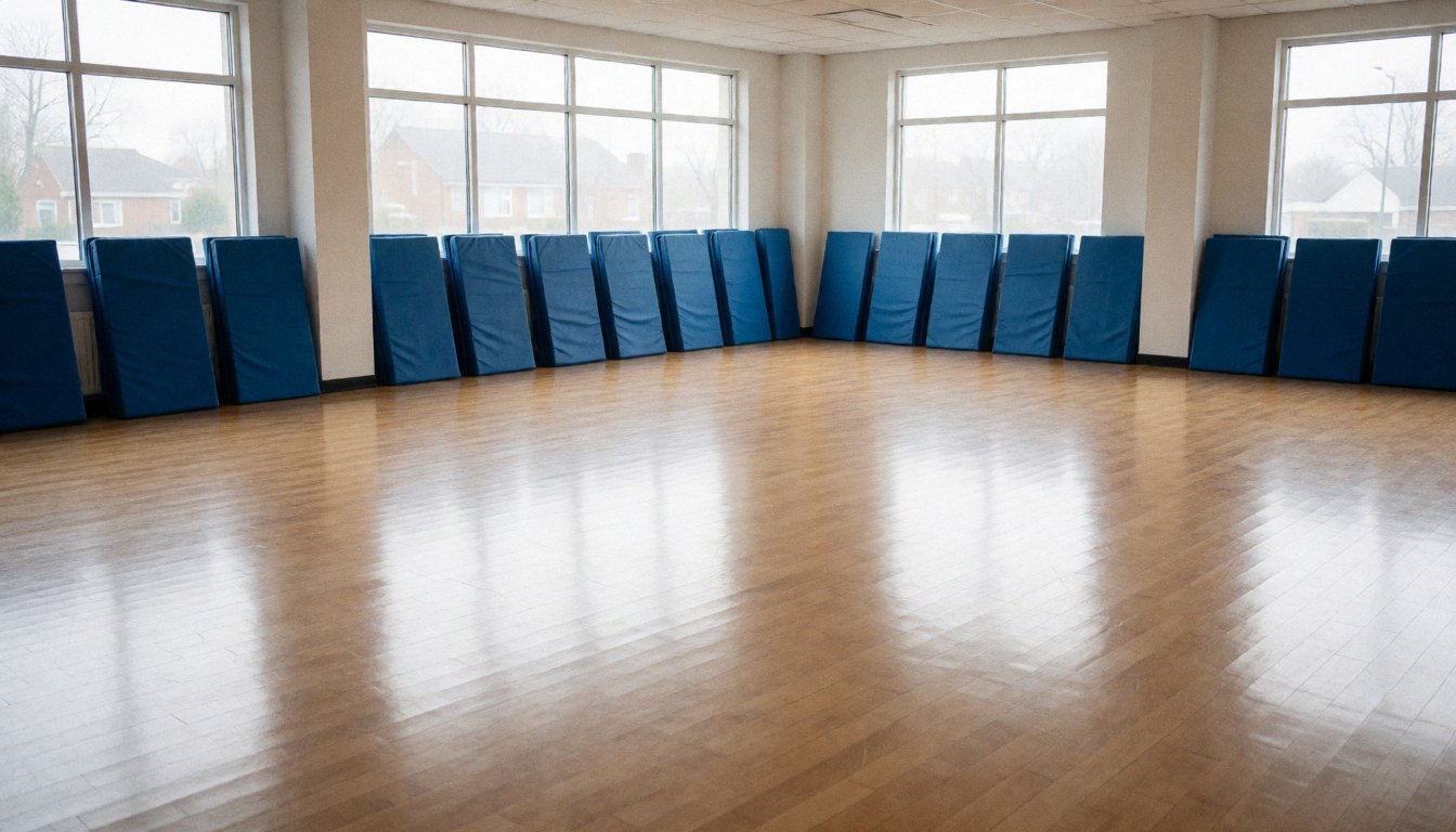 Empty karate training space featuring stacked blue mats against walls and polished wooden flooring, suitable for website headers.
