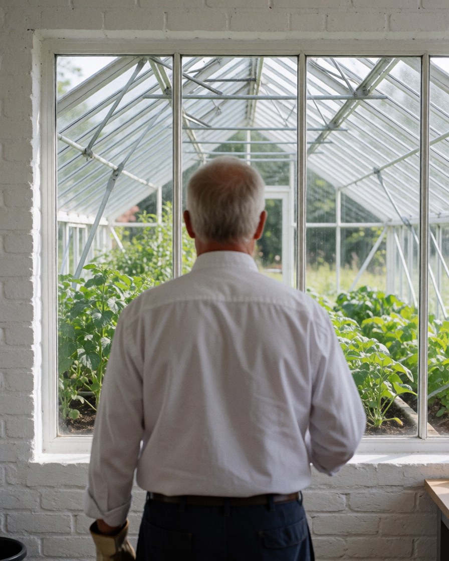 A man stands with his back to the camera looking at a greenhouse with clear glass, green plants, white brick walls, and bright sunlight.