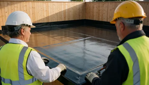 Two professionals in safety gear install a shiny black bitumen membrane on a flat roof surrounded by wooden walls during sunset.
