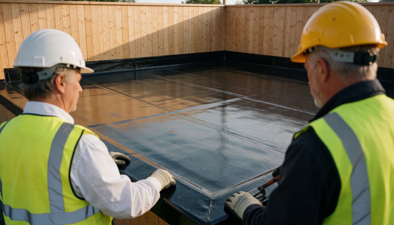 Two professionals in safety gear install a shiny black bitumen membrane on a flat roof surrounded by wooden walls during sunset.