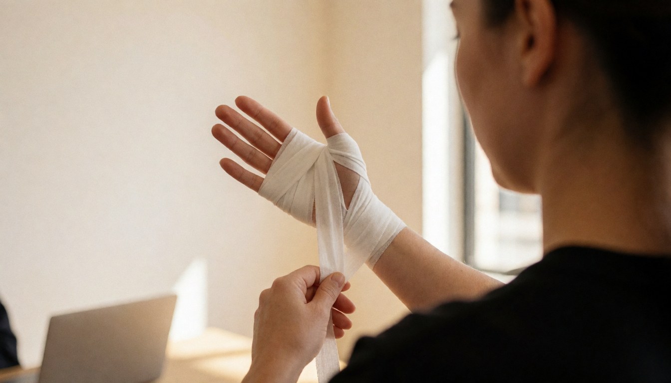 Close-up of a woman wrapping her hands with white athletic tape in preparation for boxing training