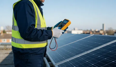 Technician measuring voltage on solar panels with a multimeter on a rooftop with a city view