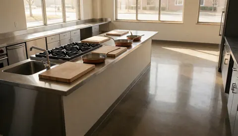 Empty professional kitchen featuring a gas stove, sink, cutting boards, and copper grates illuminated by natural light, ideal for a cooking class setting.