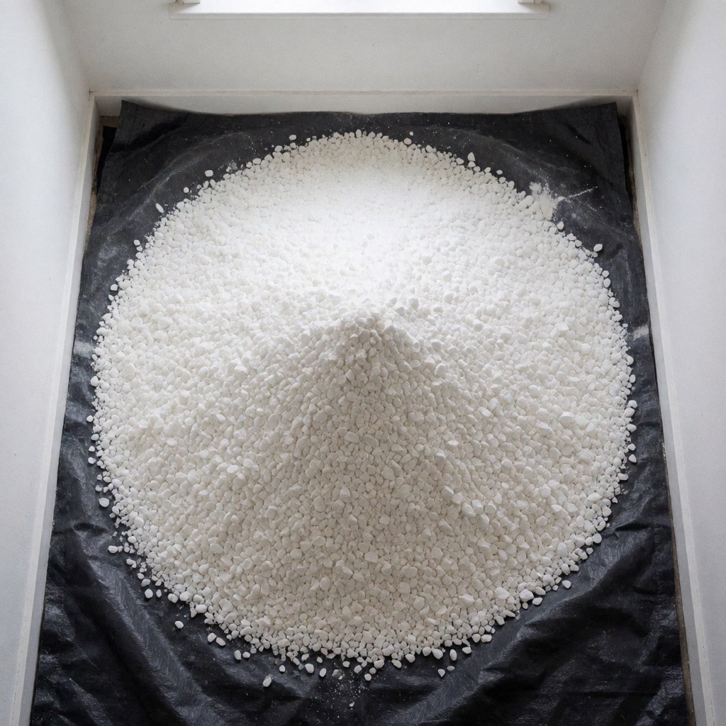A pile of white silica sand resting on a black tarp in a white-walled space, ready for professional tennis court installation.