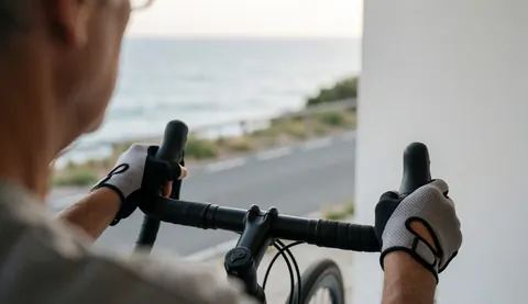 Close-up of hands wearing cycling gloves on a handlebar along a coastal road at sunset with soft lighting and sea views