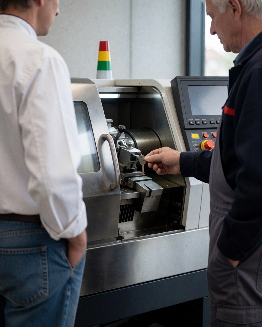 A locksmith cuts a key using an industrial machine while a customer waits nearby in a workshop with concrete walls.