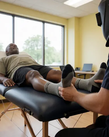Therapist massaging client feet on table in room with yellow walls and large windows
