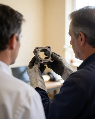 Technician holding a metal piece for inspection while a client observes in a well-lit workshop