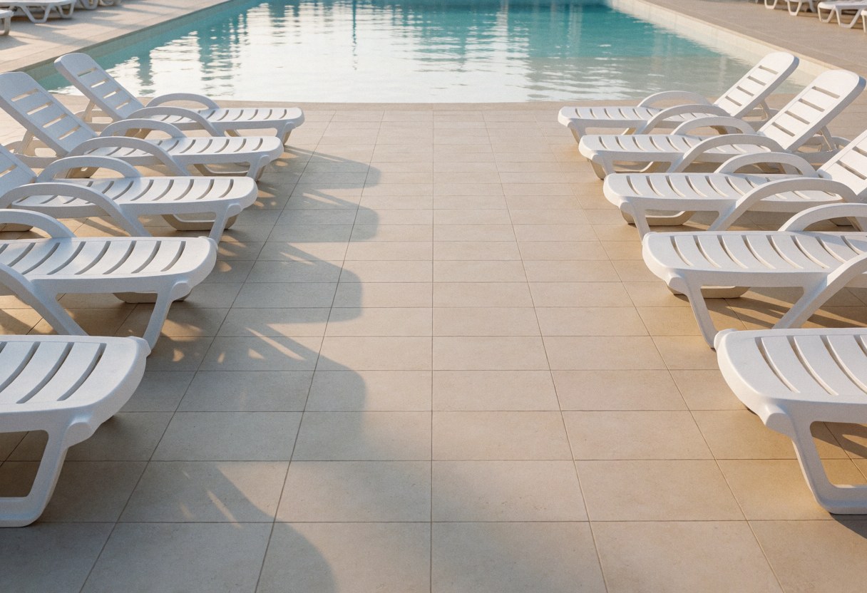 White beach chairs arranged neatly beside a clear water pool on beige tile flooring under soft morning light