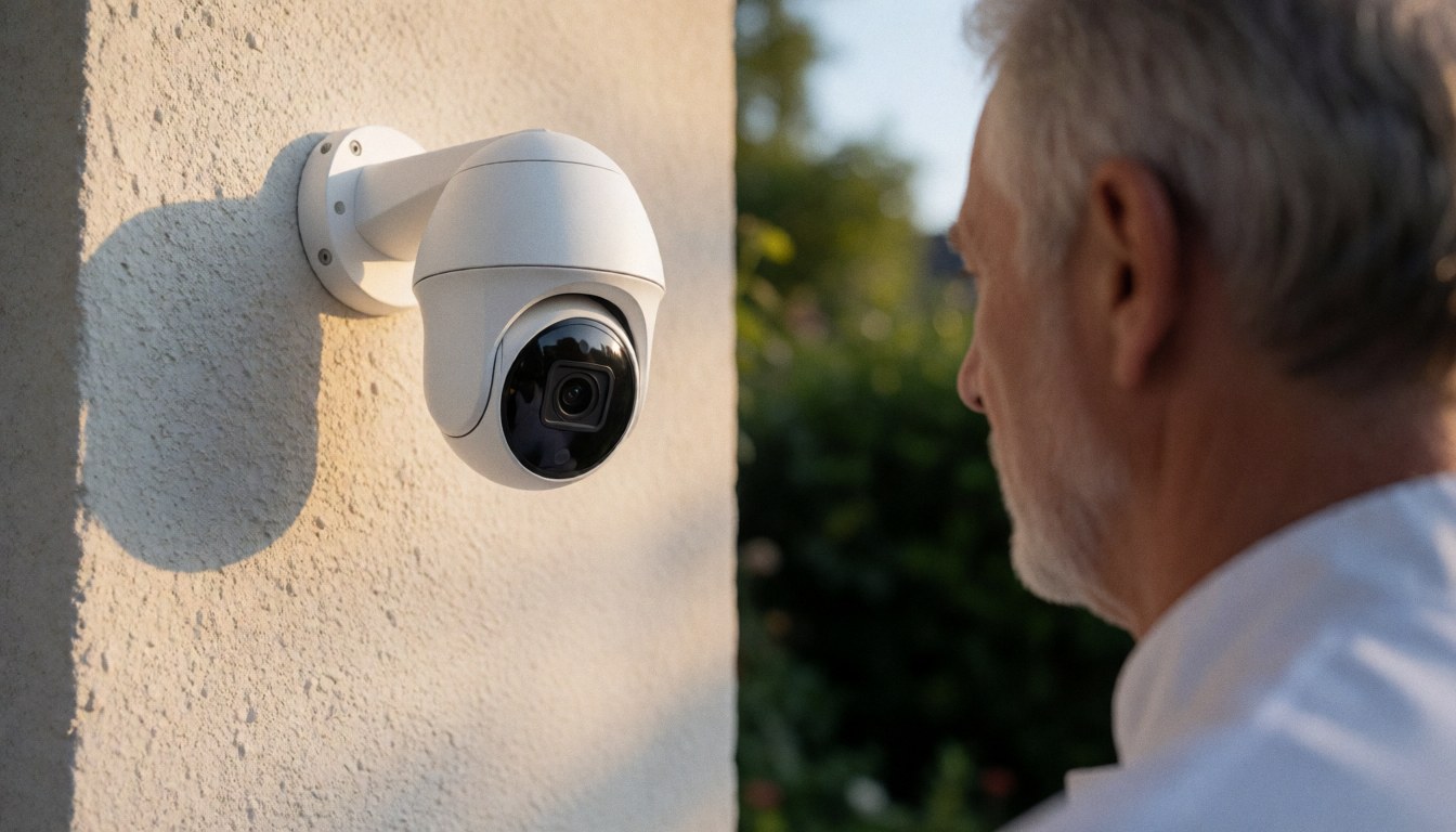 White IP security camera mounted on a stucco wall with sky reflection, viewed from the side, suitable for security alarm repair business.