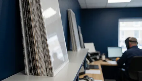 Stacks of unframed posters in a print shop with a professional working at a desk with a computer in the background