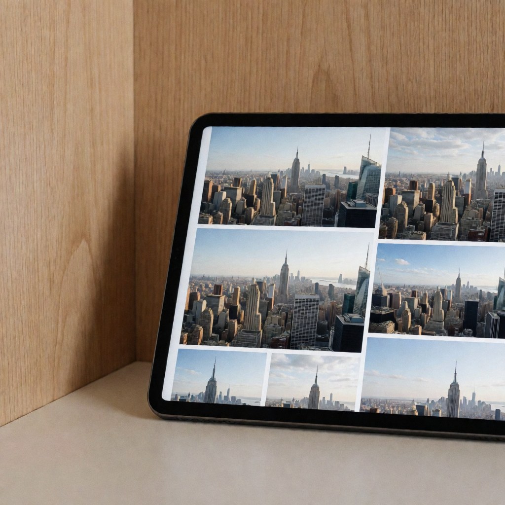 A tablet showing an urban panorama gallery rests on a white surface with light wood walls, ideal for photographers and business presentations.