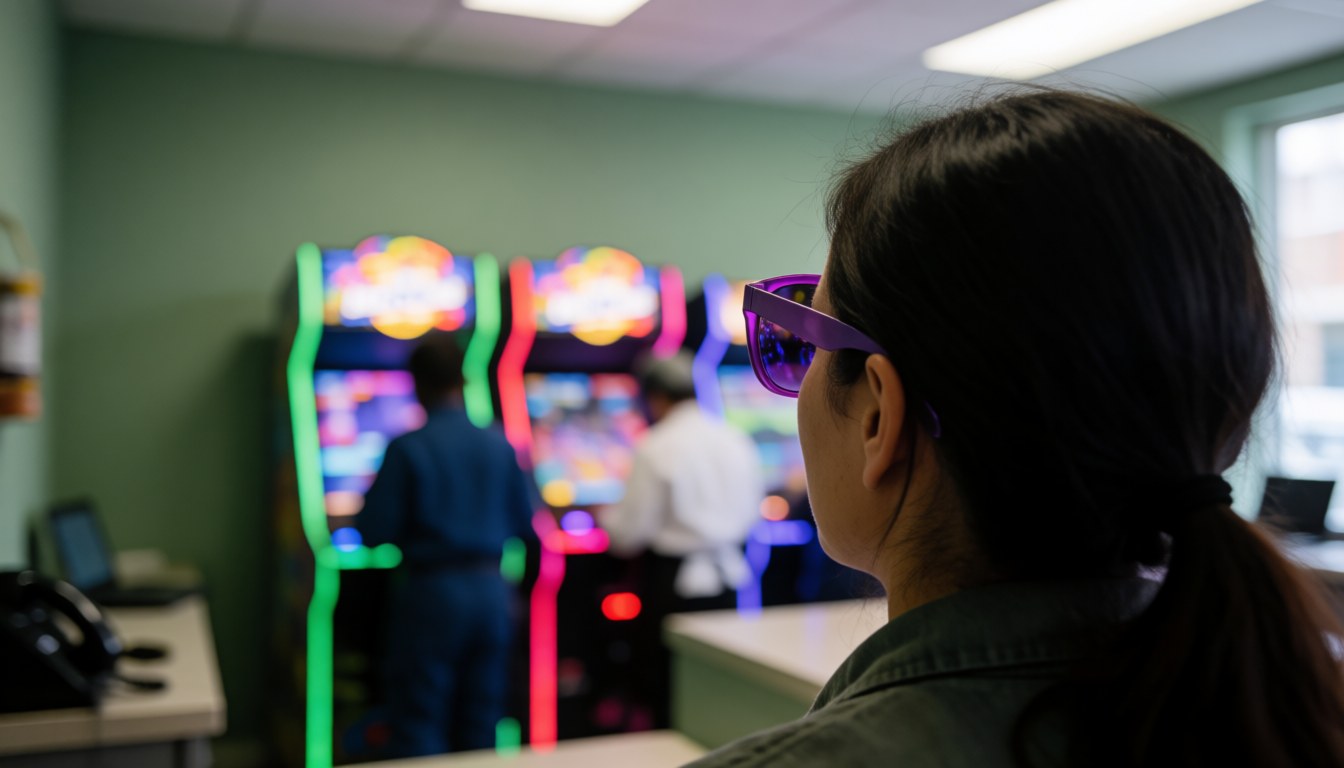 A woman wearing purple sunglasses looks at illuminated arcade games in a fun center with green walls.