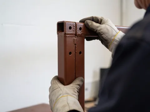 Close-up of a gloved hand adjusting a red painted metal frame with bolt holes in an industrial workshop setting