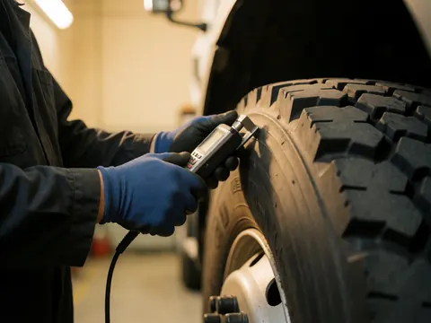 A mechanic measures the tread depth of a truck tire using a digital gauge in a well-lit workshop.