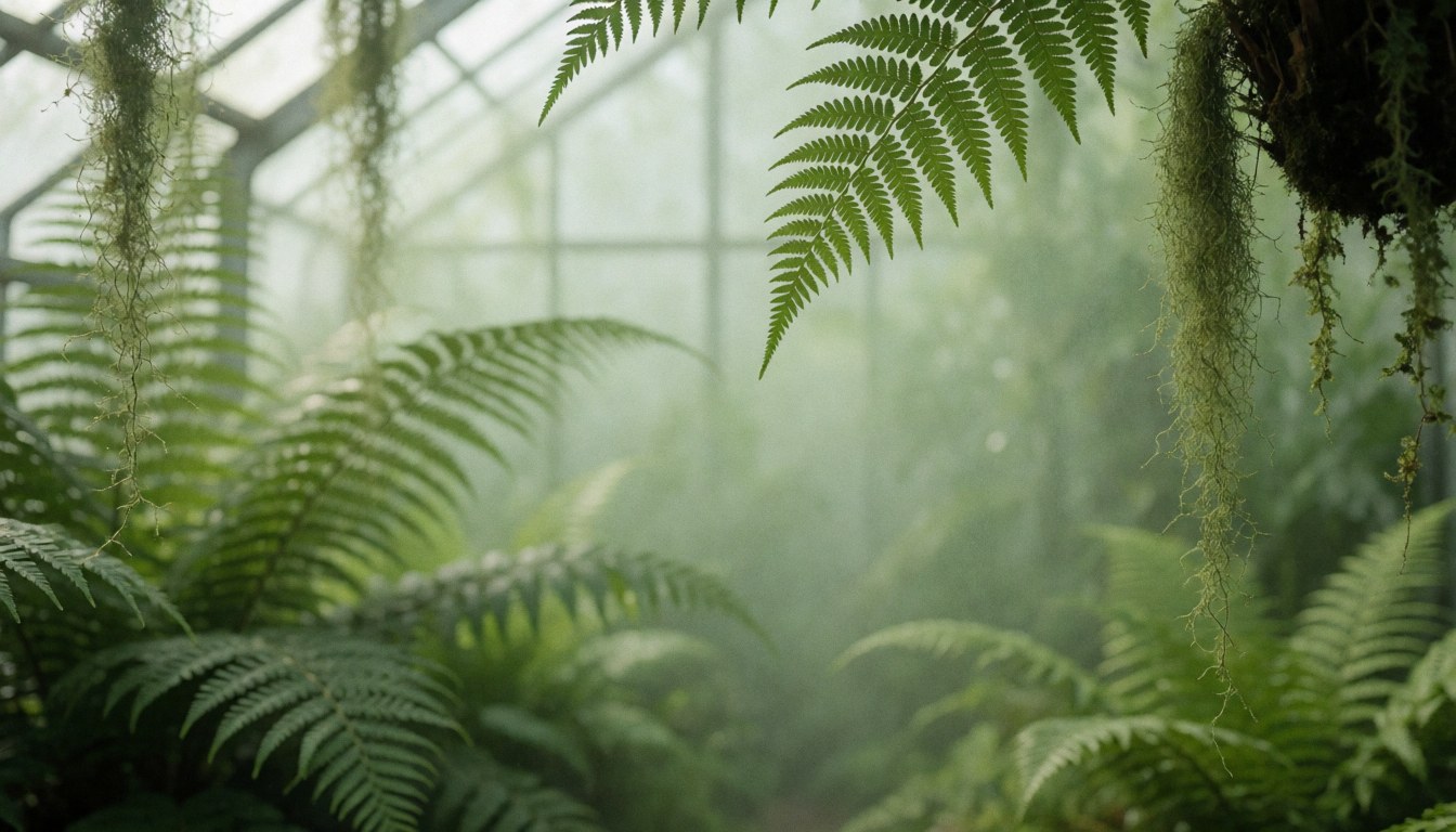 Green ferns and hanging moss in a misty greenhouse with diffused light, suitable for text overlay