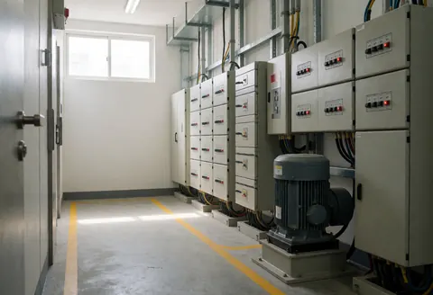 Elevator machine room featuring electrical panels, motor, and yellow safety lines with natural light from a window in a clean professional environment
