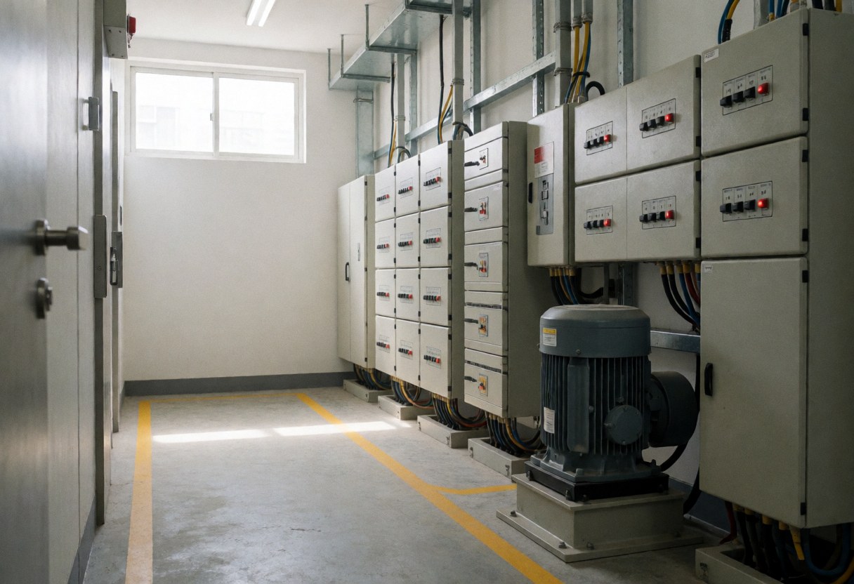 Elevator machine room featuring electrical panels, motor, and yellow safety lines with natural light from a window in a clean professional environment