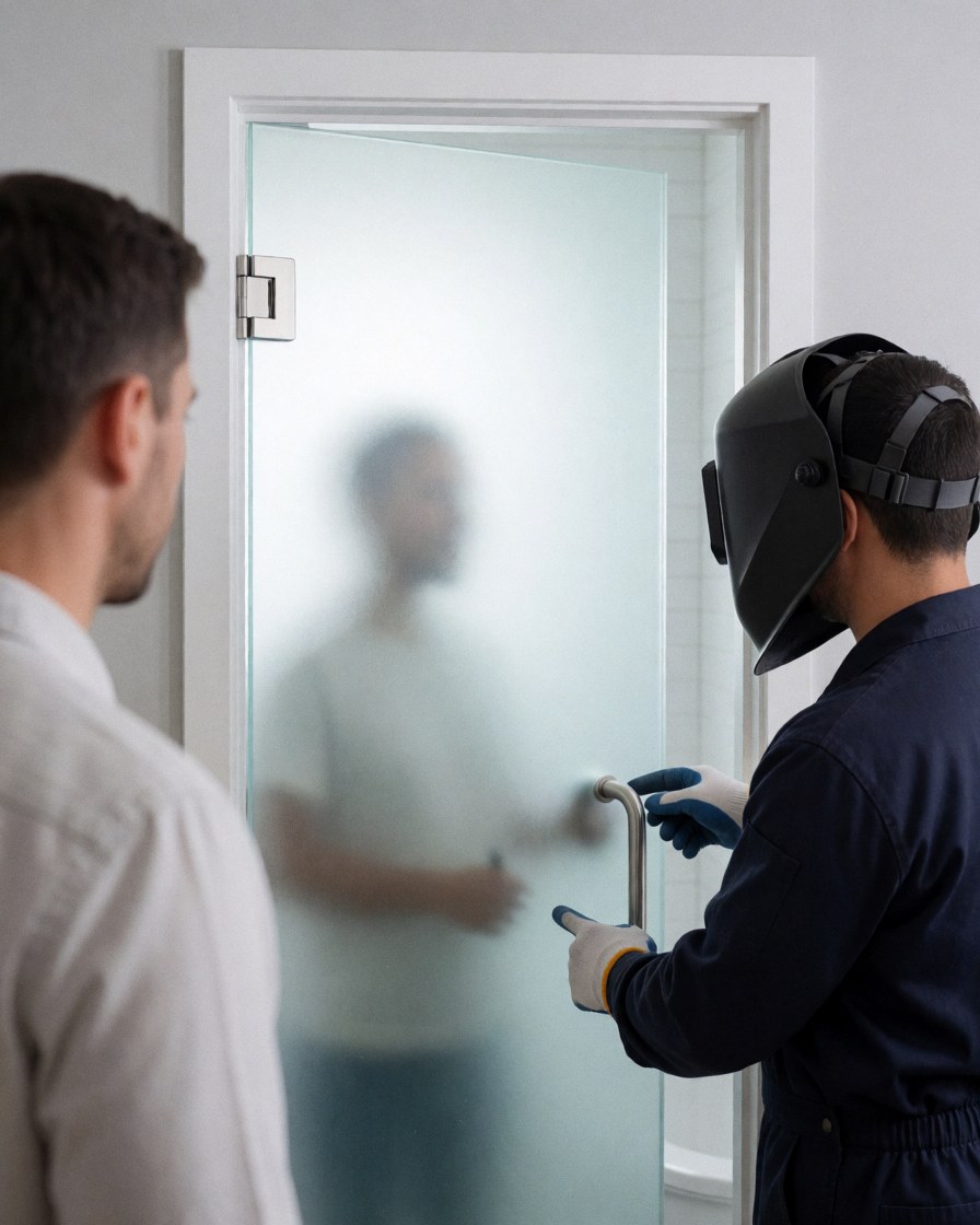 Glass installer wearing a welding helmet displays an opaque glass door to a client in a modern bathroom with light gray walls.