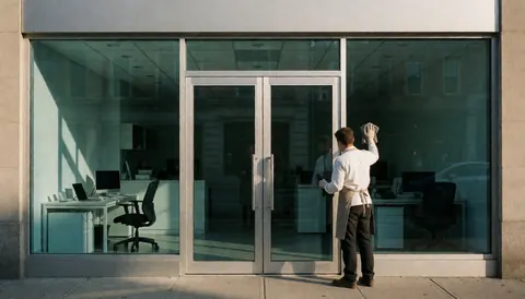 Worker wiping glass doors on a modern building facade with sunset light and visible office reflections