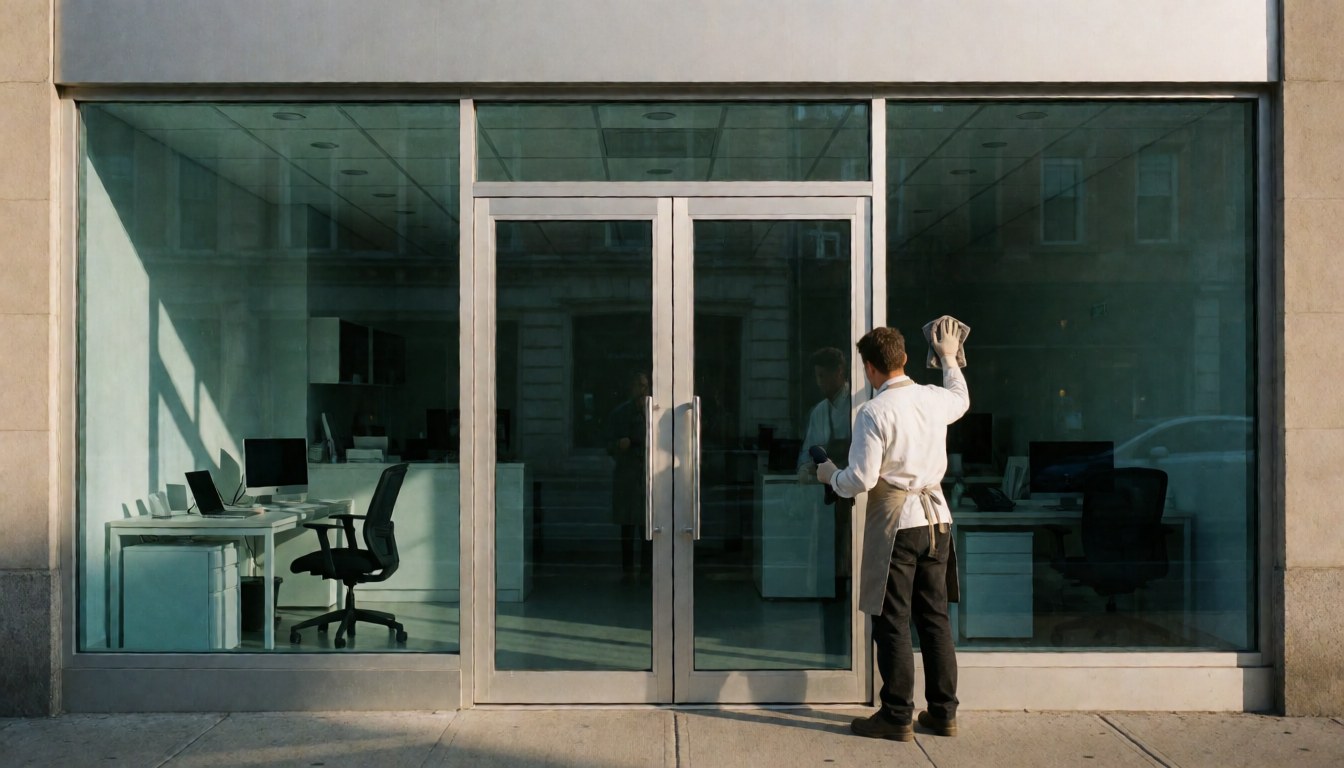 Worker wiping glass doors on a modern building facade with sunset light and visible office reflections