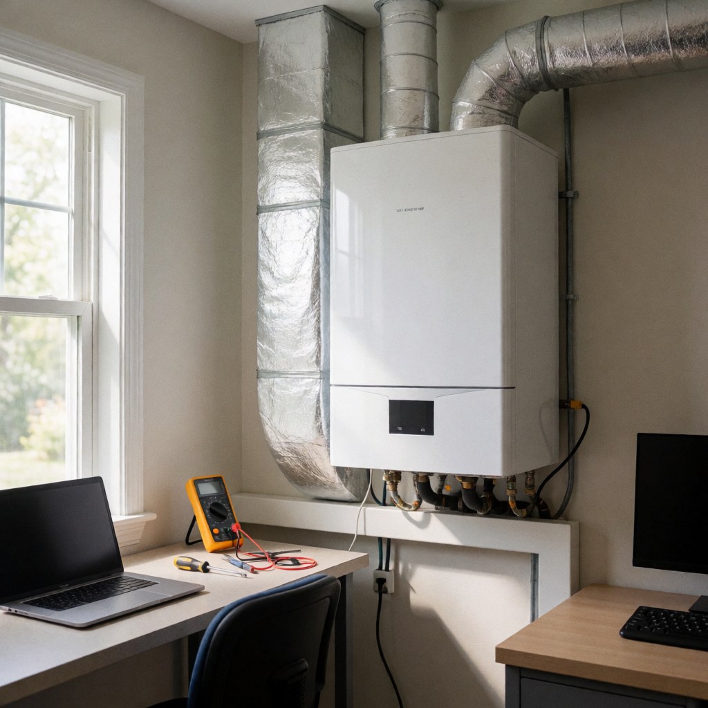 White wall-mounted heating unit with insulated ducts, work tables, and tools in a clean technical room with natural light.