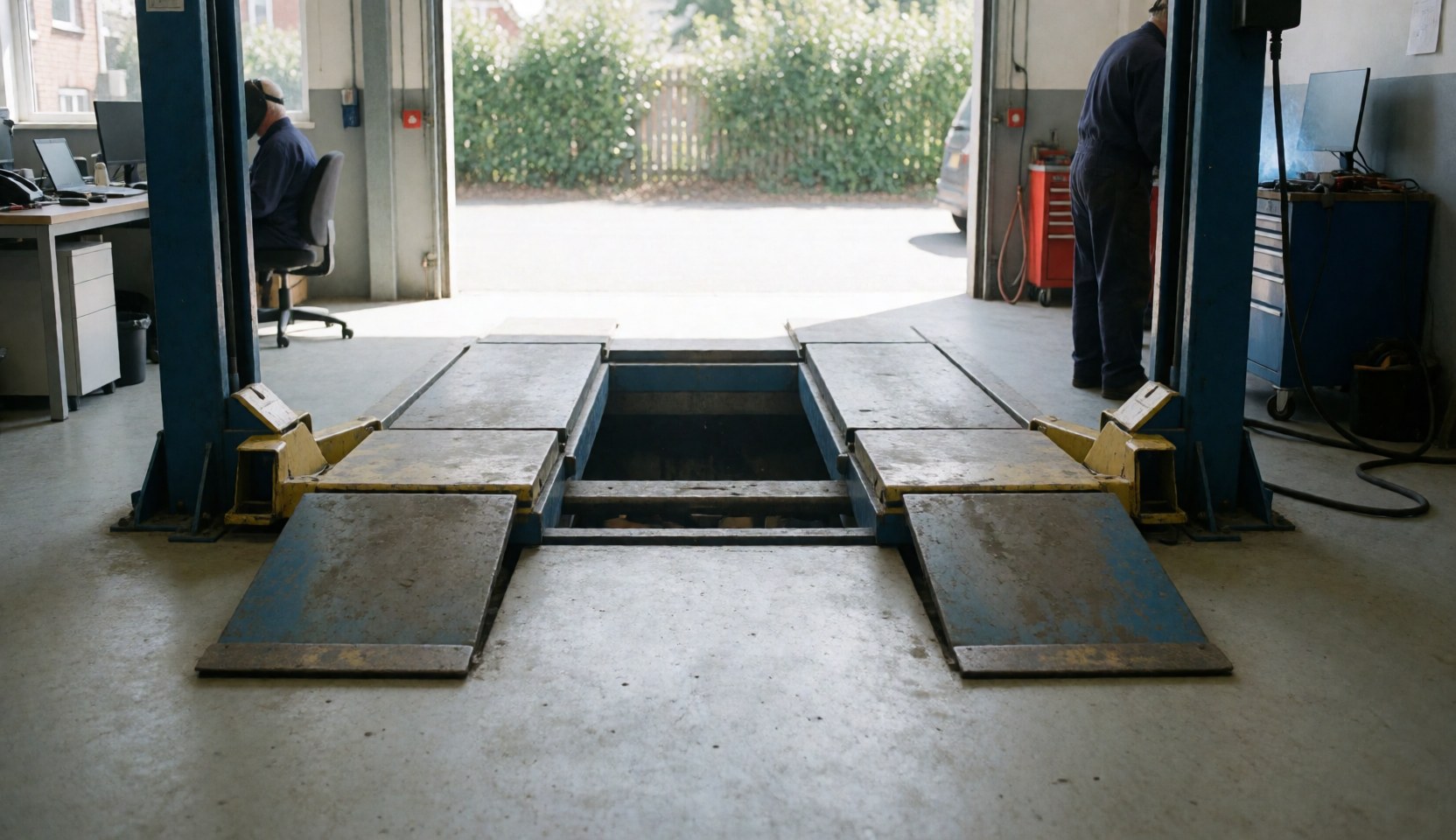 Hydraulic lift inside a tire repair workshop with natural lighting and concrete floor showing the workspace