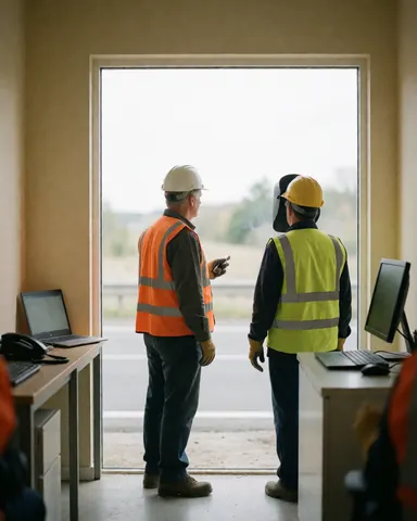 Two men wearing hard hats and reflective vests look out at a road from a construction site office with desks and computers.