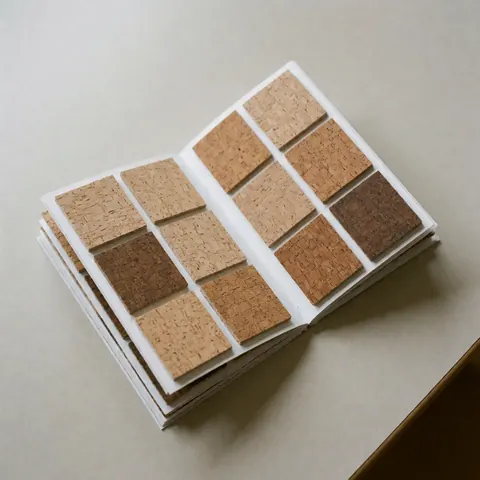 Open cork sample book displaying natural tones and visible grain texture on a neutral surface for flooring installers
