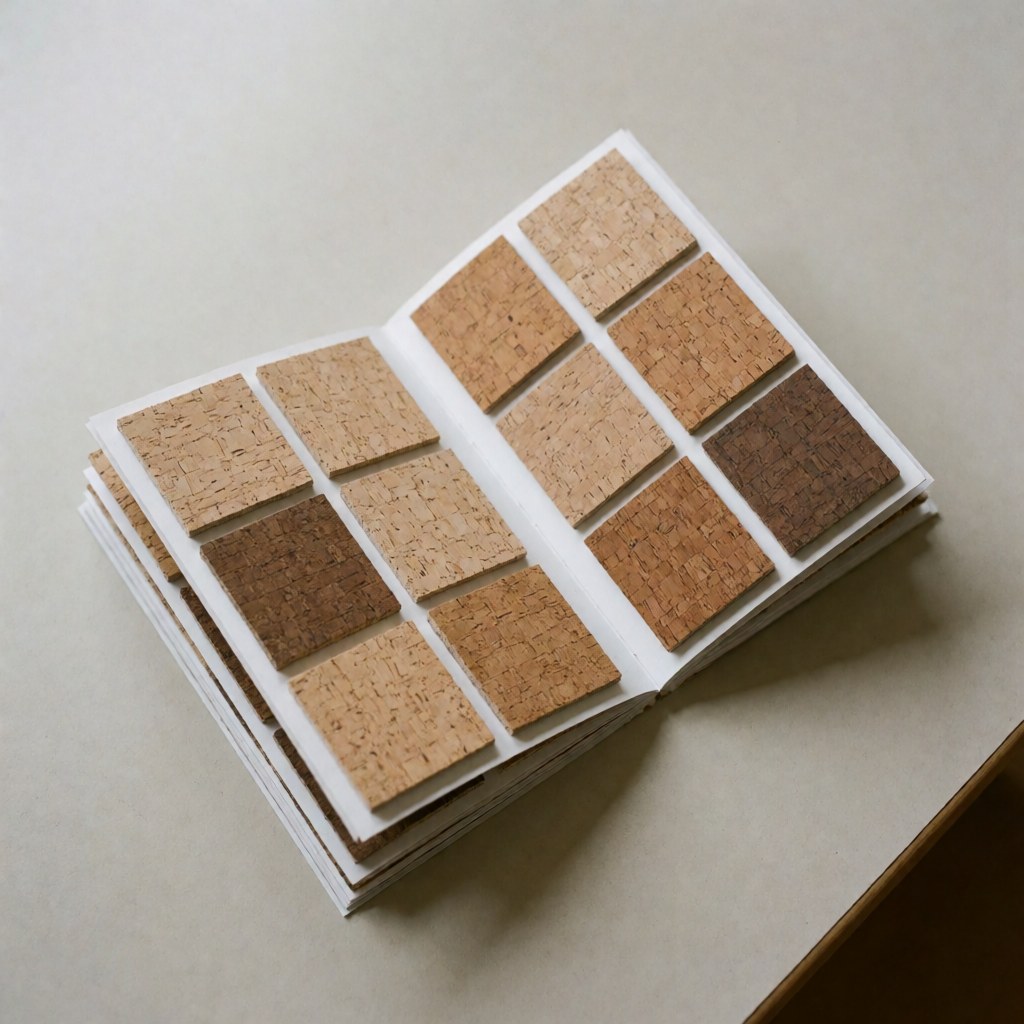 Open cork sample book displaying natural tones and visible grain texture on a neutral surface for flooring installers