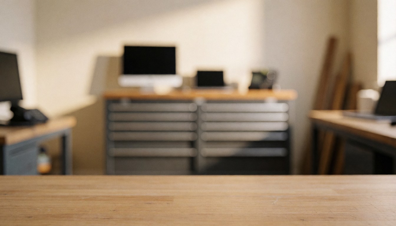 Wooden workbench and tool cabinet in a tidy workshop with warm lighting, suitable as a text background for furniture repair services.