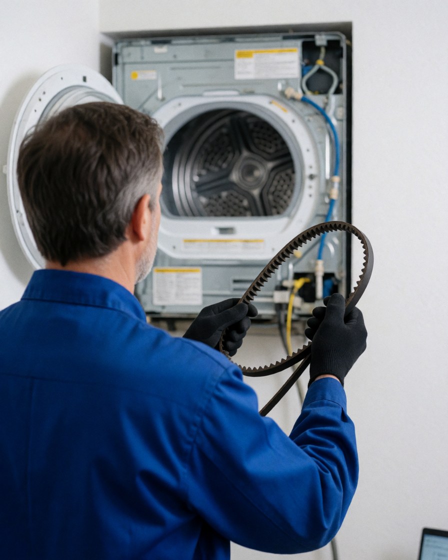 Technician in blue uniform holding a transmission belt in front of an open dryer in a clean workshop.