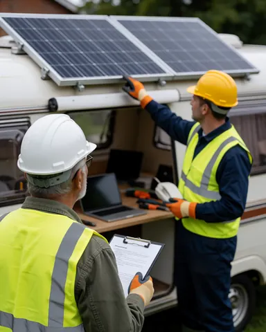 Technician wearing safety gear installs solar panels on a camper roof while a client reviews the work with a clipboard.