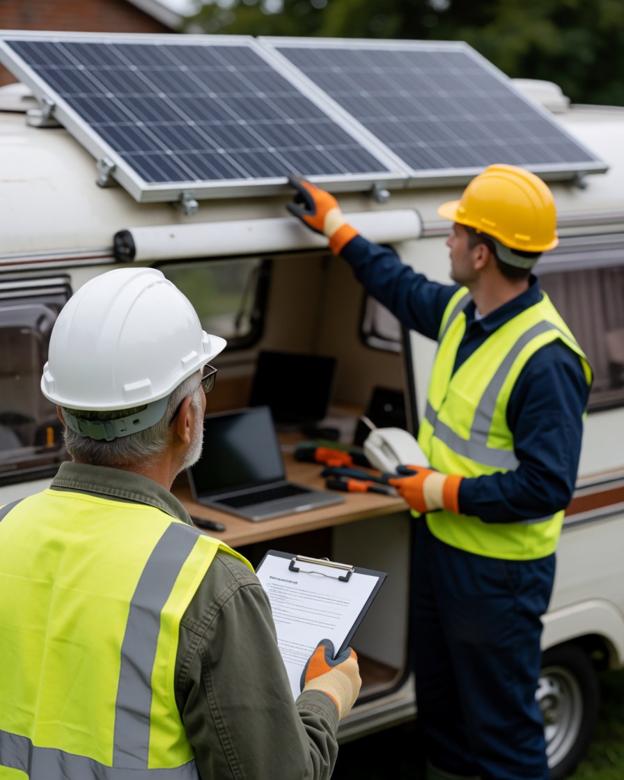 Technician wearing safety gear installs solar panels on a camper roof while a client reviews the work with a clipboard.