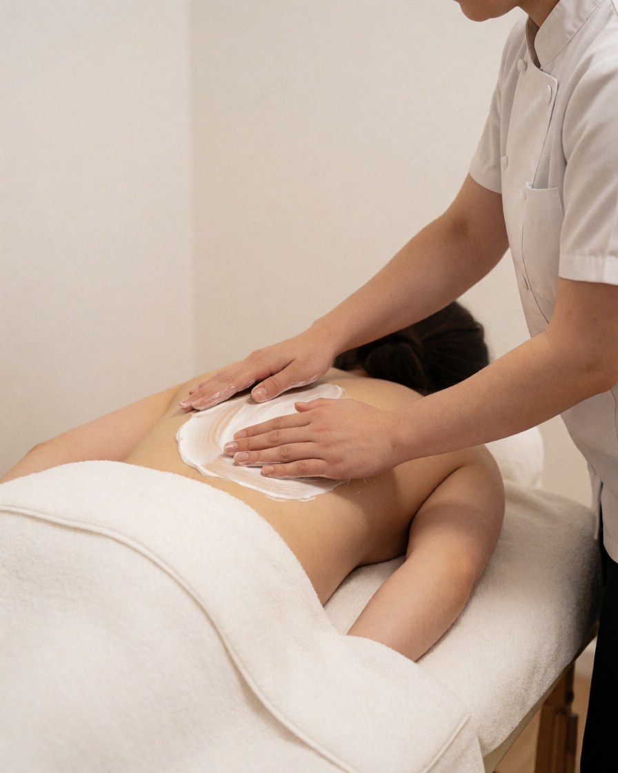 Therapist applying moisturizing cream to a client's back on a massage table with white walls in a relaxed professional setting