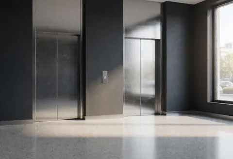 Modern office lobby featuring two stainless steel elevators, charcoal gray walls, and polished terrazzo flooring illuminated by natural light.