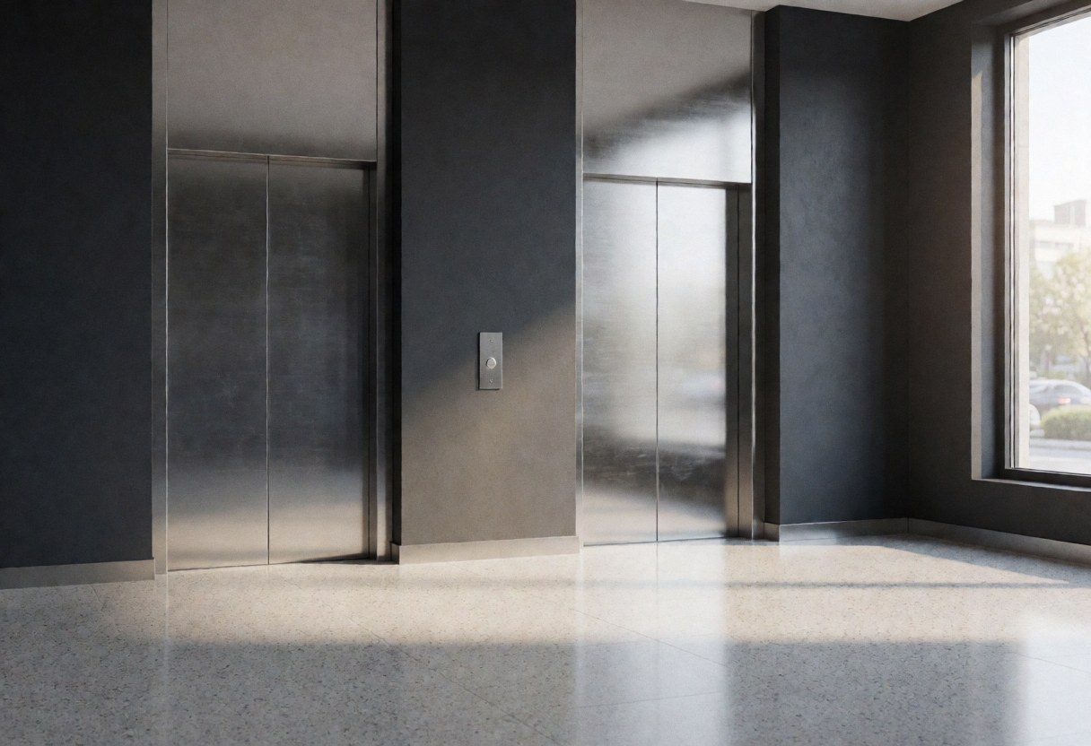 Modern office lobby featuring two stainless steel elevators, charcoal gray walls, and polished terrazzo flooring illuminated by natural light.