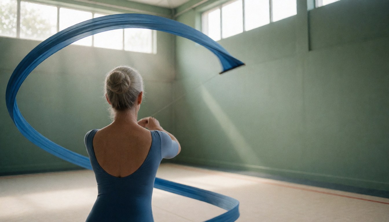 Gymnast performing with blue ribbon in gym with green walls and natural light