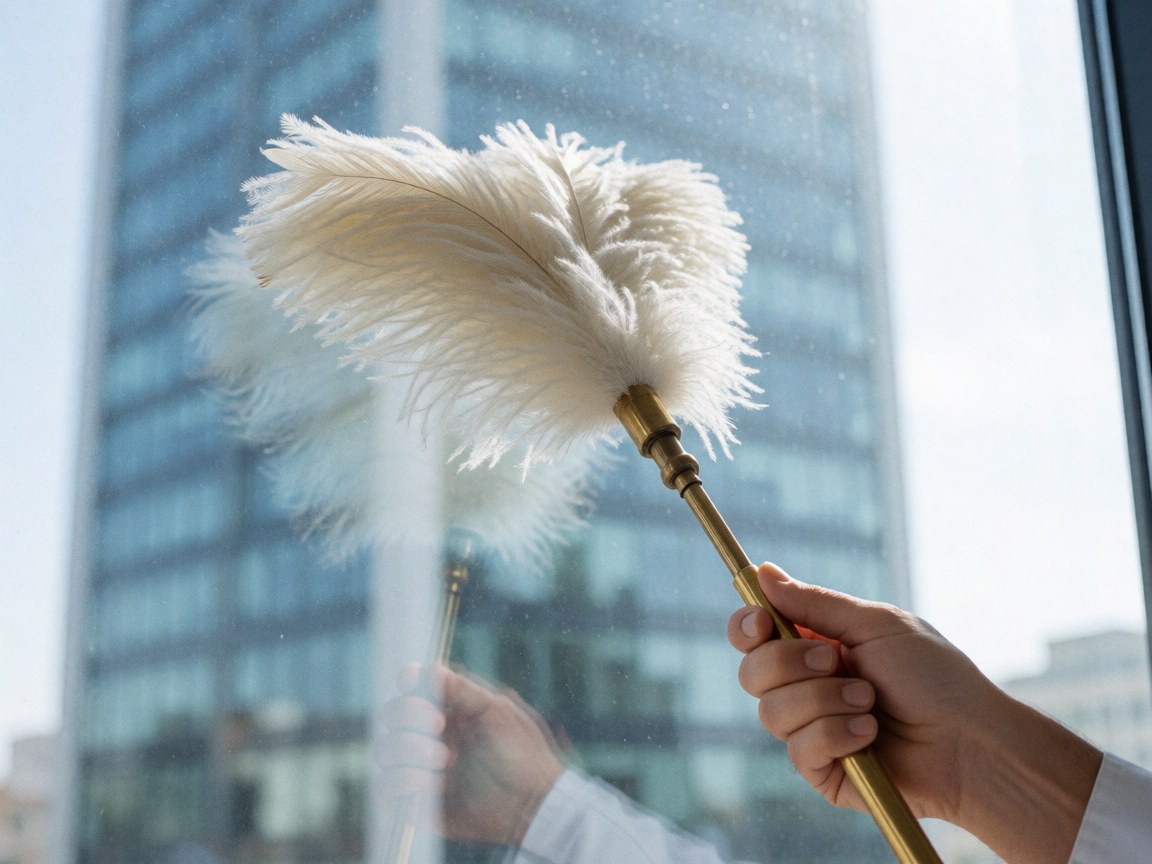 Close-up of a hand using a white feather duster to clean an office glass window with a modern building in the background.