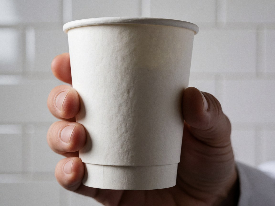 Close-up of a hand holding a white coffee cup with visible texture against a white tiled wall background.