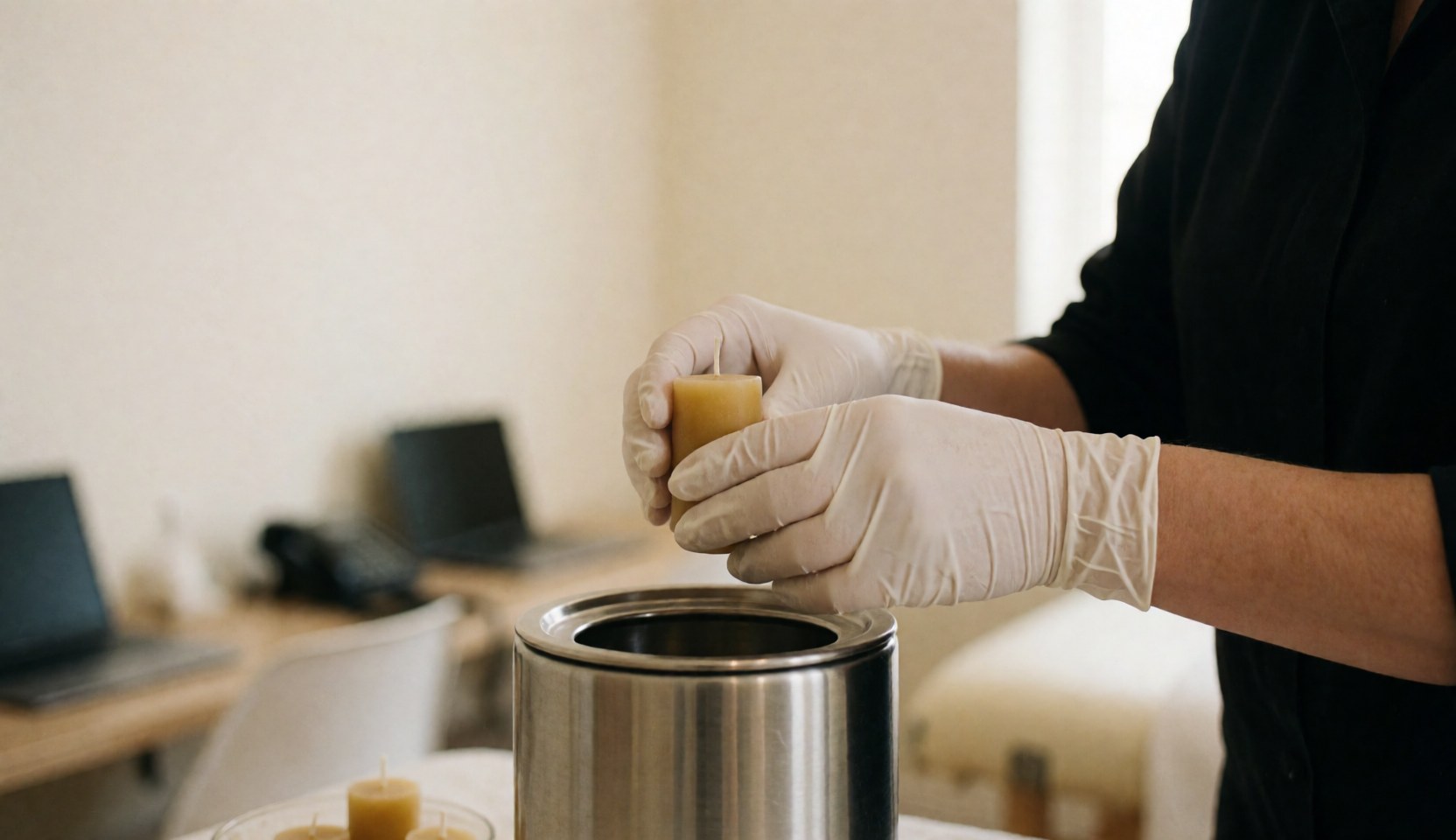 Gloved hands place a beeswax candle onto a stainless steel warmer in a warm white treatment room